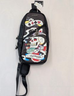EdHardy Skull Crossbody Sling Bag Black Tattoo Graphic Backpack NWT