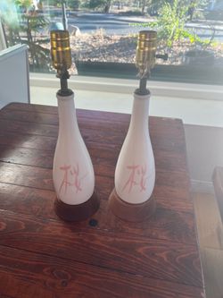 Pair of vintage mid century milk glass table lamps