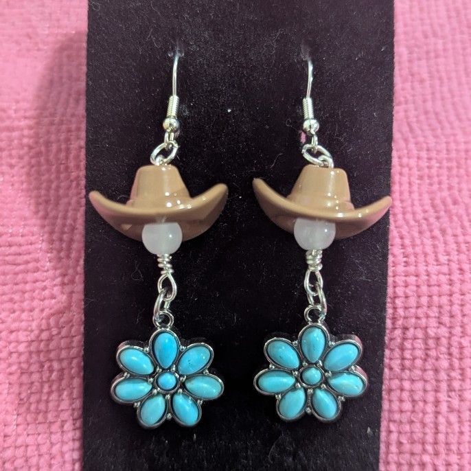 Handmade Brown Cowboy Hat & Faux Turquoise Flower Dangle Earrings