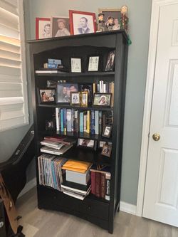 Black Wood Bookcase with Bottom Drawer