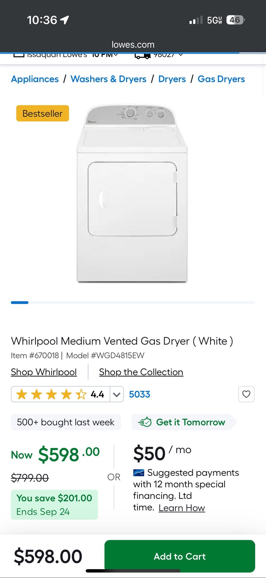 Whirlpool Medium Vented Gas Dryer