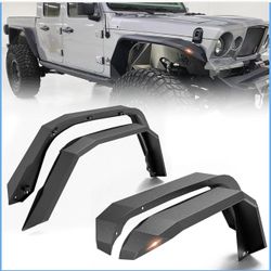 for JT Flat Front and Rear Fender Flares Compatible with 2020 2021 2022 2023 2024 2025 2026 Jeep Gladiator JT with Turn Signal Lights, Heavy Duty Stee
