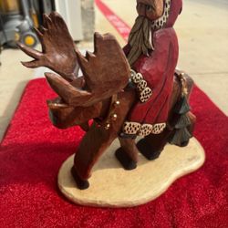 Lori Miller Santa on Moose Figurine – Hand Carved Look – 12” Tall