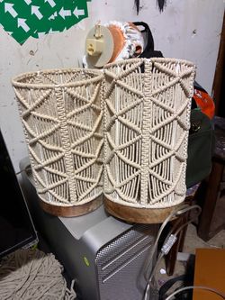 Macrame Lamp Shades with Wood Base – Set of 2