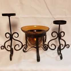 Set Of 3 Metal And Glass Candle Holders.  