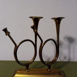 Vtg Solid Brass French Horn Candlesticks