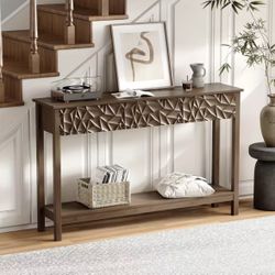 51 Inch Modern Console Table Farmhouse Entryway Table with 3 Drawers Narrow Wood Entry Way Table with Open Storage Shelf Long Sofa Table Behind Couch 