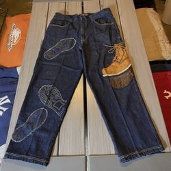 Raw Blue Mens Jeans 40x33  Baggy Relaxed Detailed 3D Suede Boot Stitch Embellish