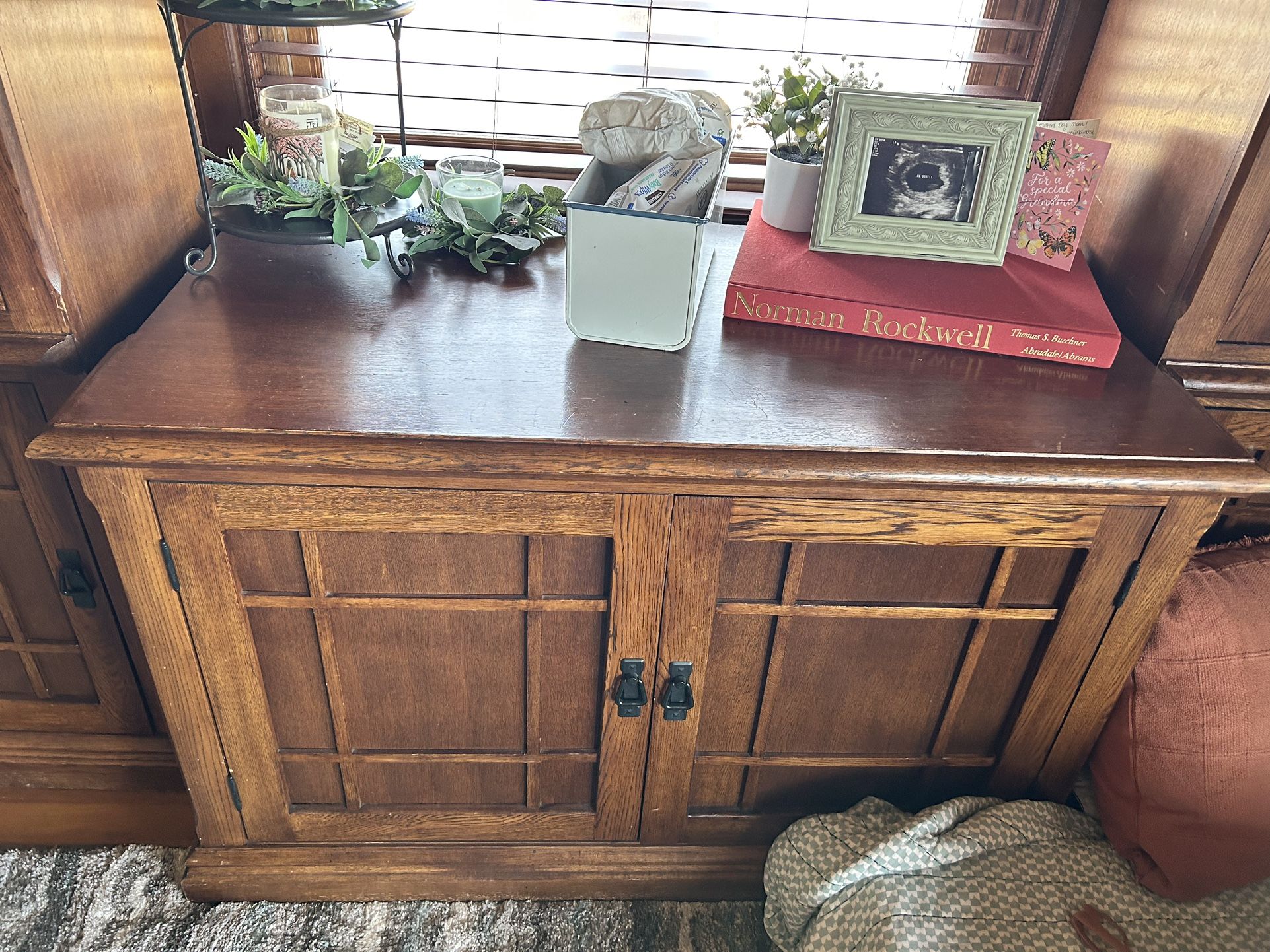 Solid Oak Mission Style Display, Hutch, And Storage Cabinet Set