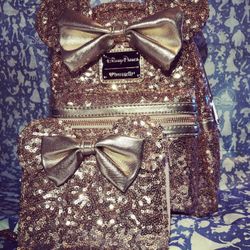 Disney Loungefly Minnie Mouse Sequined Backpack and Wallet