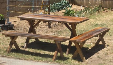 Wood Pinic Table with Two separate Benches