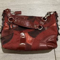 Coach Carly Patchwork Red Snake Print Leather Suede Hobo Bag