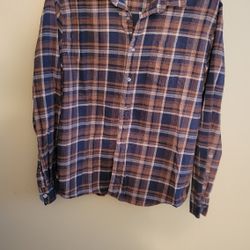 Mens Navy and Tan Plaid Casual Shirt