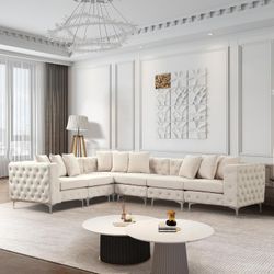 Beige Modular Sectional Sofa Velvet L Shaped Couch for Living Room or Office, 6 Seat Comfortable Couch with Reversible Chaise, Brushed Velvet, Beige