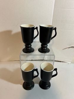 Black & White Lined Vintage Carbone Pottery Pedestal Mugs -Set of 4- $48 CASH