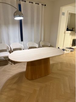 Beautiful oval dining table with faux travertine top, free delivery ✅ modern oval dining table 70” long , sintered stone top oval table