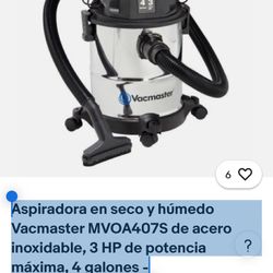 Aspiradora en seco y húmedo Vacmaster MVOA407S de acero inoxidable, 3 HP de potencia máxima, 4 galones