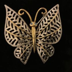 Vintage Silver And Gold Butterfly Brooch With Blue Crystal Eyes(Avon)