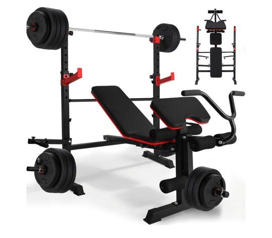 900LBS 6-in-1 Adjustable Weight Bench Set W/Leg Extension and Preacher Curl, Multi-Function, Olympic Foldable Bench Press Set W/2" Pegs and 40‘’ Squat