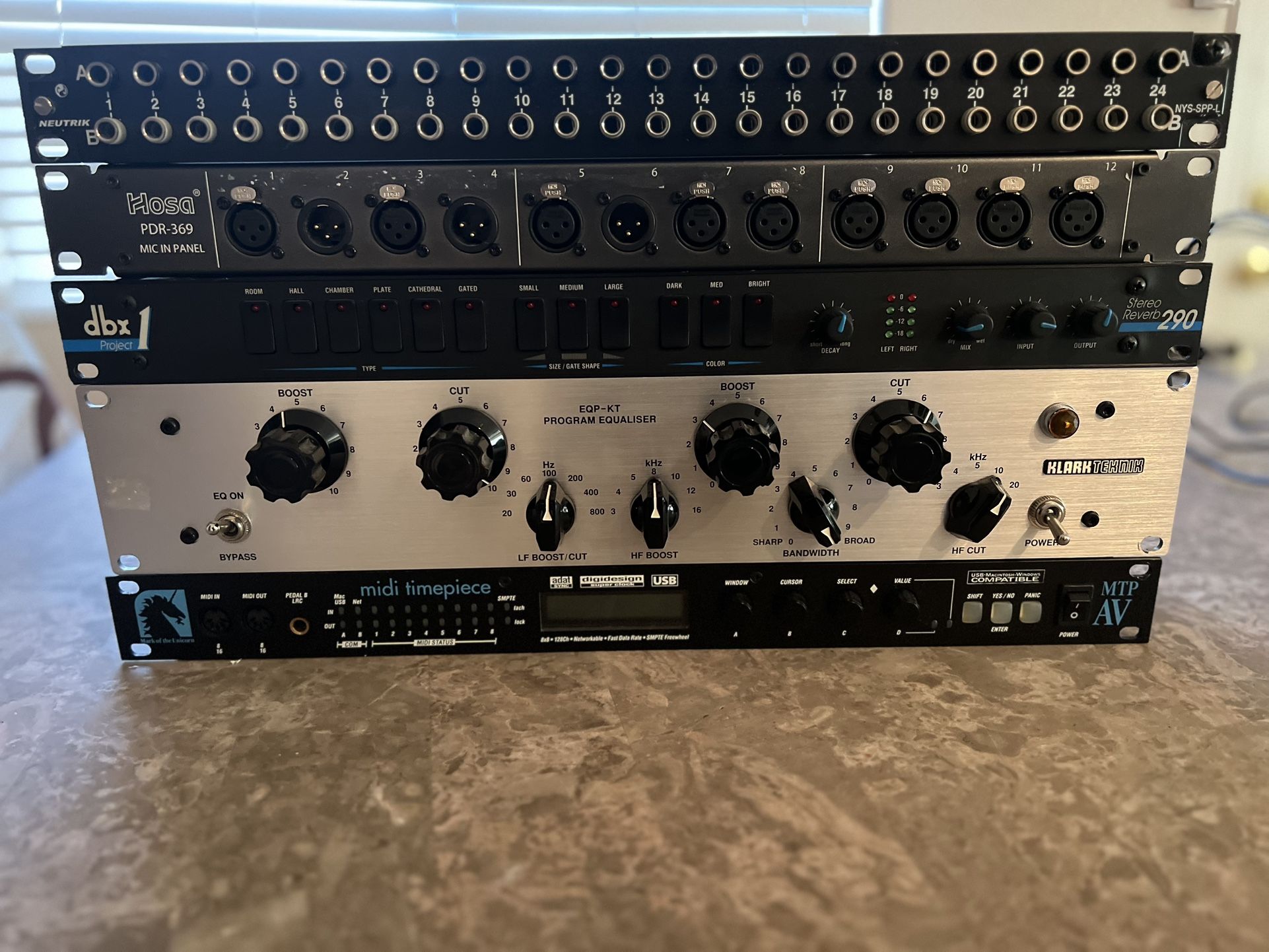Rack gear Equalizer Eq Stereo reverb Midi interface patch bay