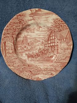 Antique Furnivals Staffordshire Dickens Coaching Days 11'' Dinner Plate Pink Red Transferware Victorian Horse Drawn Carriage Scene England