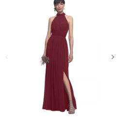 Chiffon Illusion Side Slit Bridesmaid Dress - Burgandy