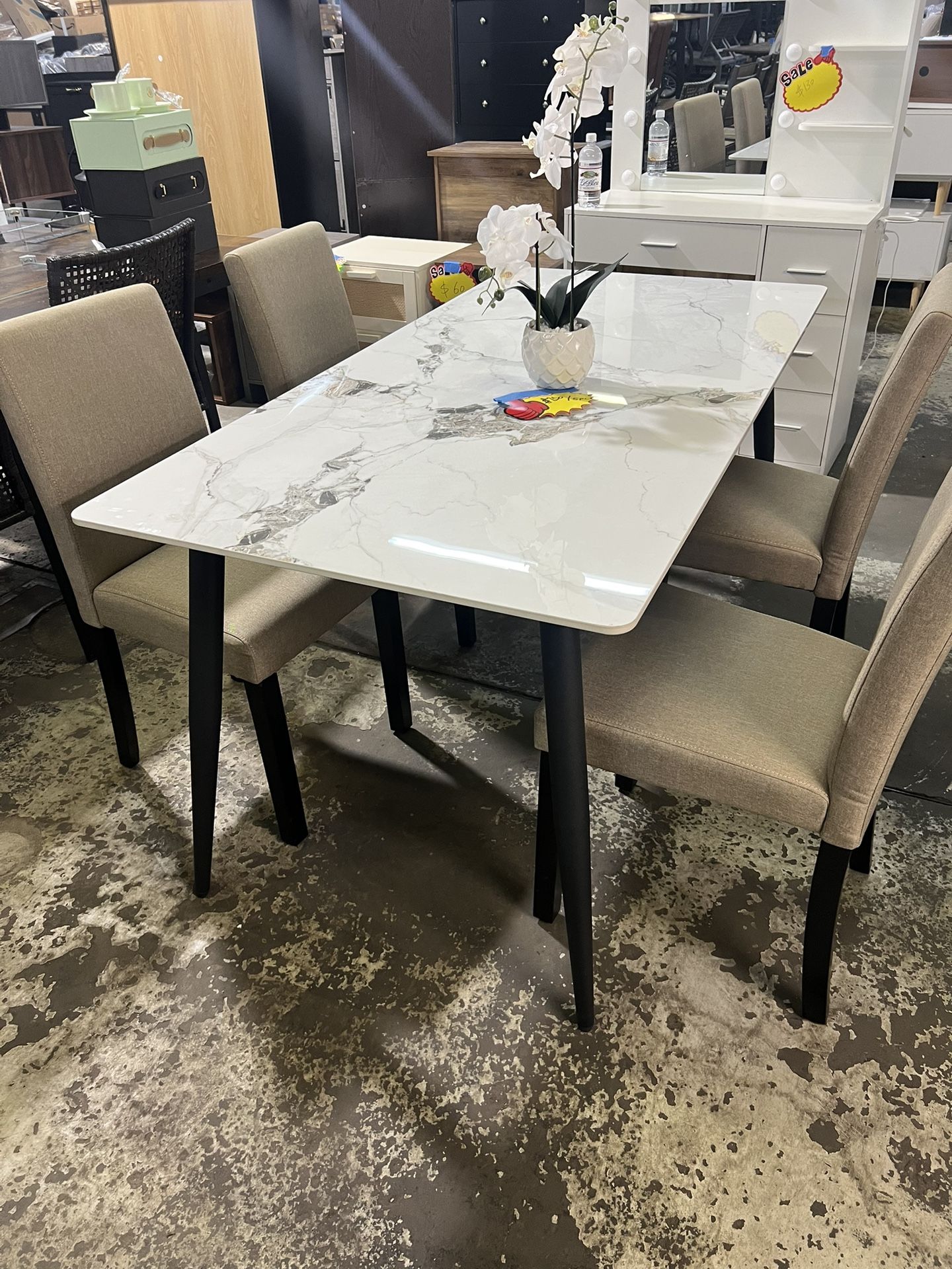 π½ 5-Piece Modern Dining Set with Marble-Style Table β $250 β’ π€ Rectangular sintered stone tabletop β elegant white marble look, scratch & scuff resi