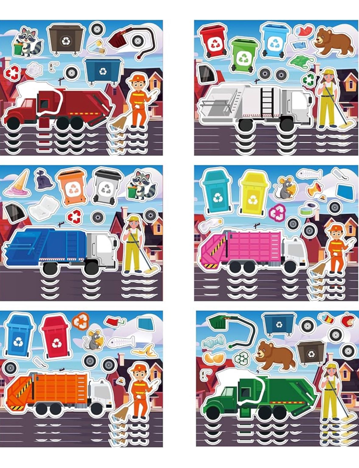 Garbage Truck Sticker Sheets – 24 PCS Mix-and-Match Play Set for Kids – Trash Bash Party Favors – Make Your Own Garbage Truck – 6 Variations – Vehicle