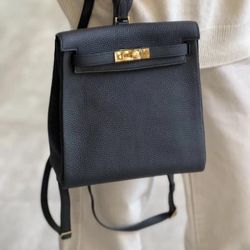 Hermes Kelly Ado GM Backpack | Black Taurillon Clemence Leather | Gold Hardware