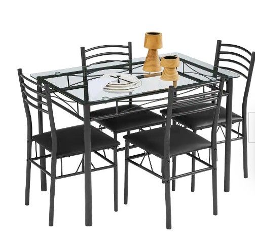 5 Pcs Dining Table Set, Home Dining Table and 4 Chairs Set with Tempered Glass Tabletop Padded Seat