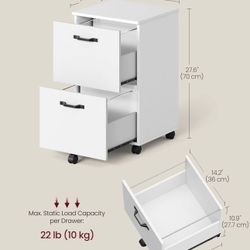 VASAGLE 2-Drawer File Cabinet Small Rolling Filing Printer Stand w/ Wheels - White