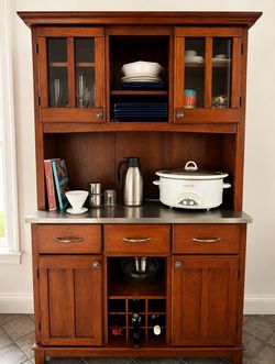 Solid Wood Kitchen Hutch with Wine Storage and Metal Top