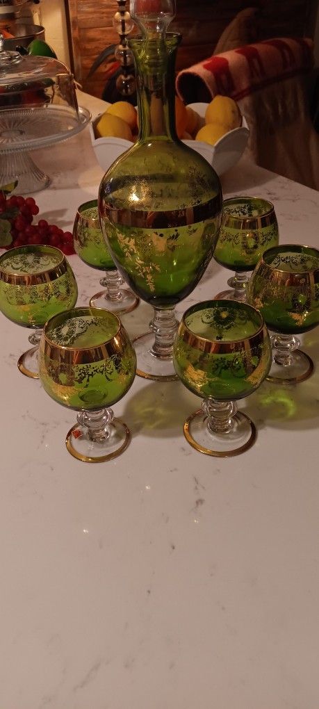 Vintage Green Decanter With Glasses...Italy. 