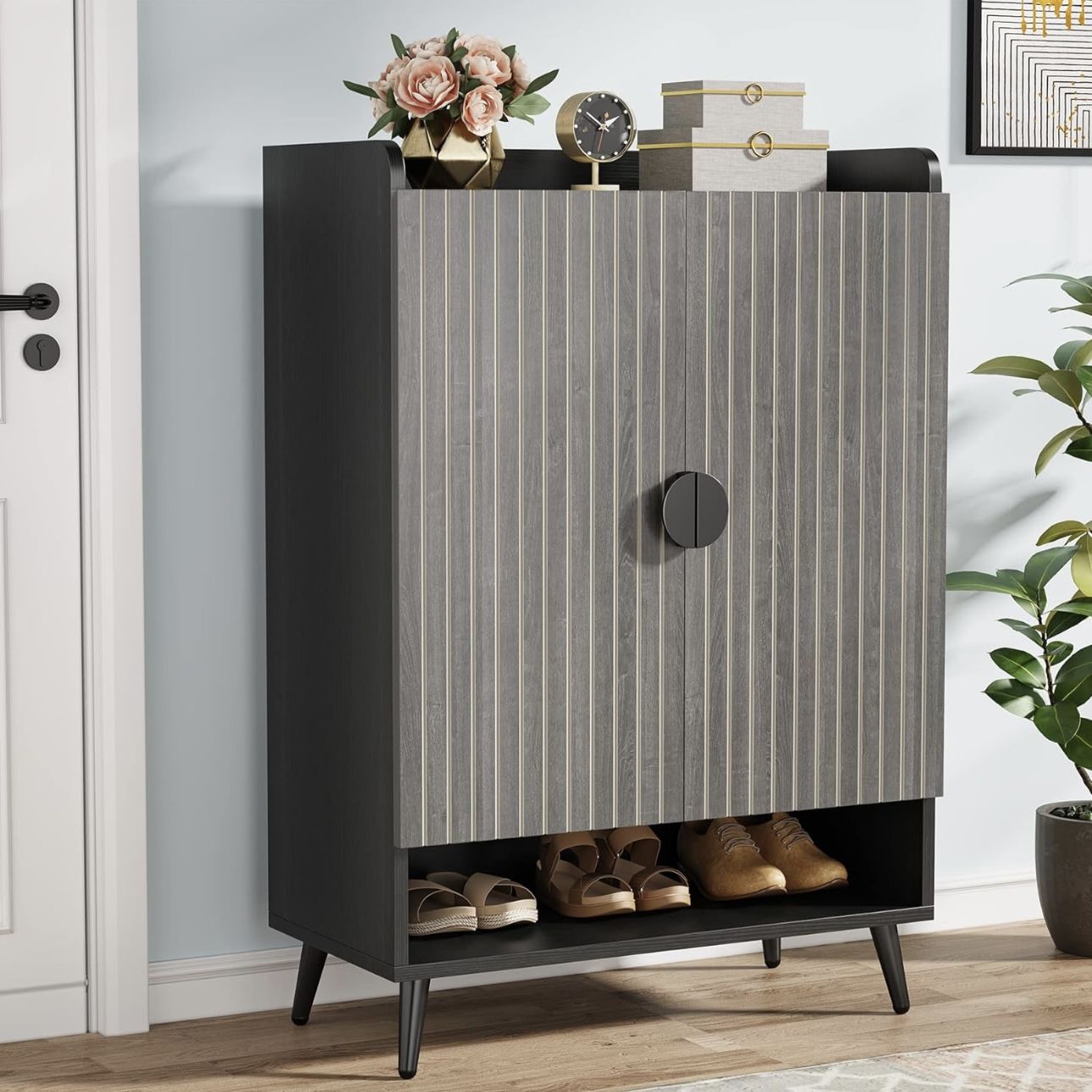 New assembled Shoe Cabinet with Doors, 7-Tier Shoe Storage Cabinet with Adjustable Shelves, Wooden Shoes Rack Shoe Storage Organizer for Entryway, Hal