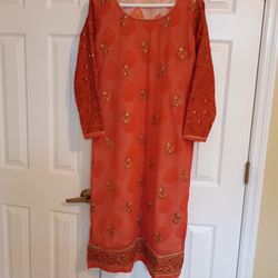 Pretty Orange Embroidered Salwar Suit - Size S/M