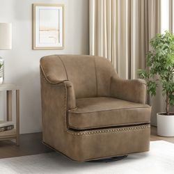 Modern Genuine Leather 360° Swivel Upholstered Accent Barrel Chair, Brown