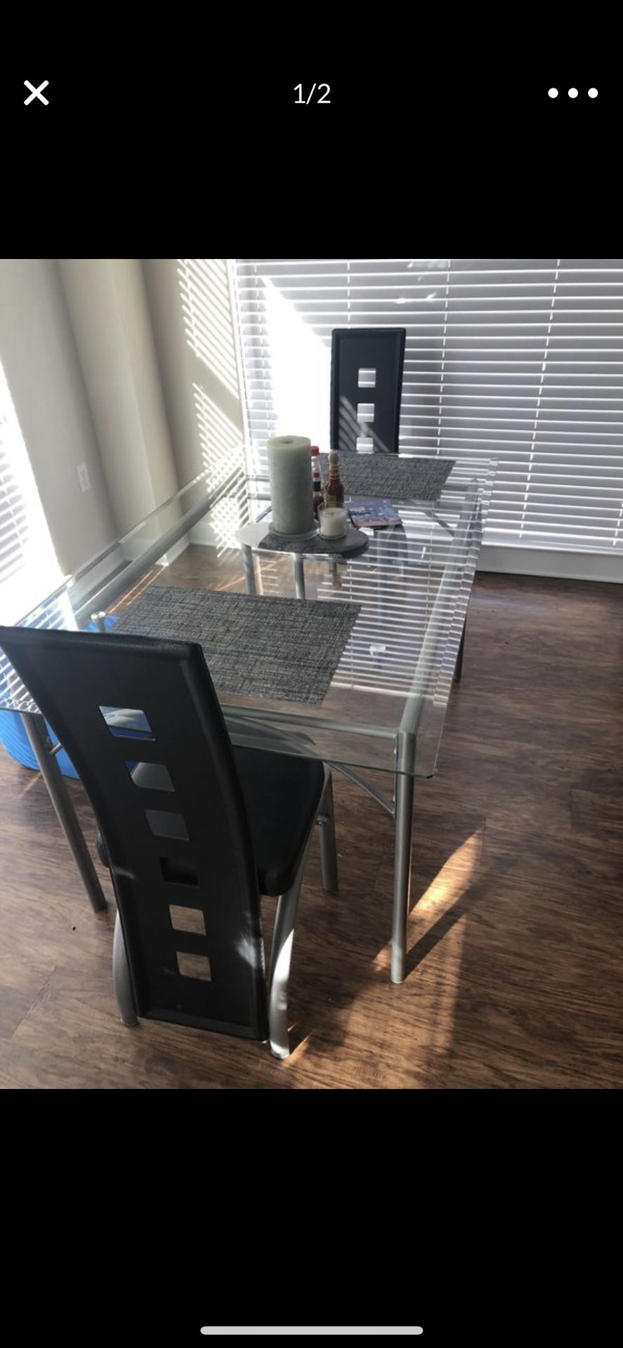 Modern glass dining table with 2 chairs