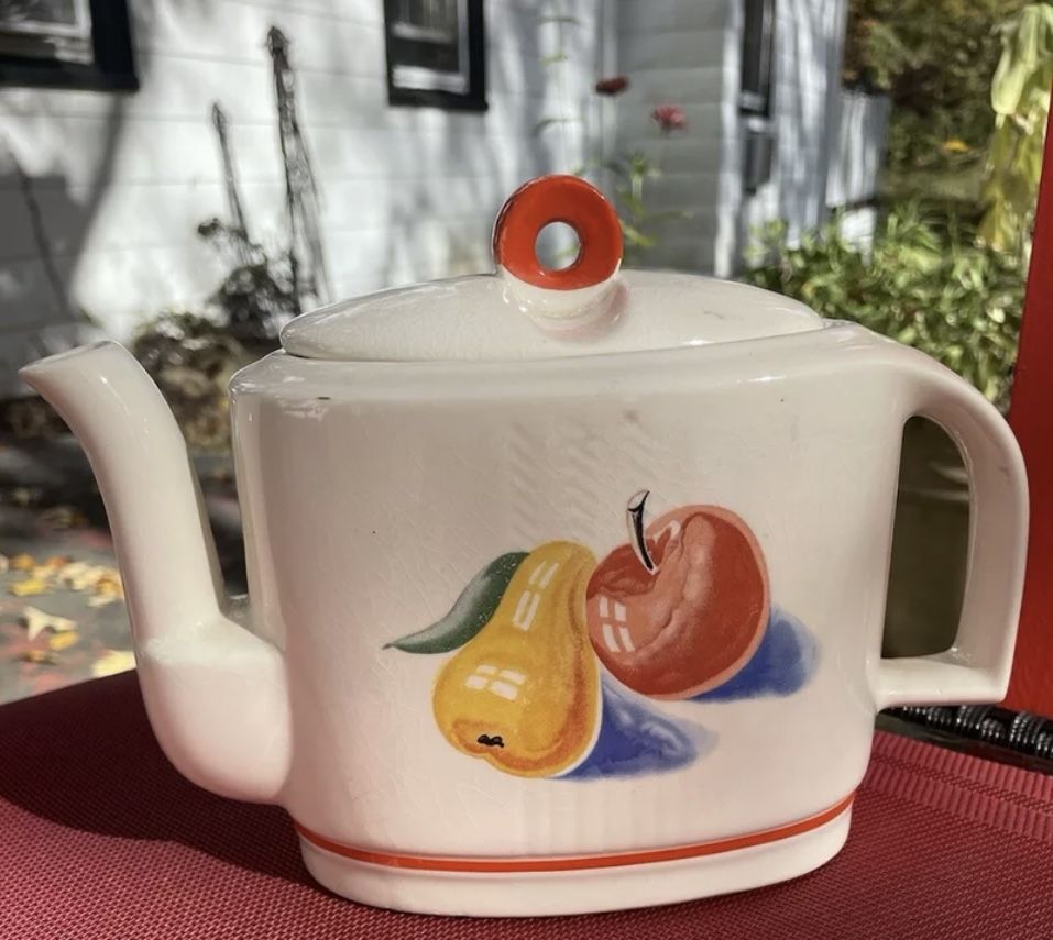 Vintage Harkers Apples & Pears 1940s Teapot Fruit Pattern Pottery Hot Oven Cookingware Farmhouse Chic Kitchen Collectable