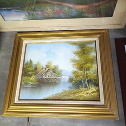 Beautiful Landscape Painting Cabin on Lake Waterfall Trees 27.5" x 23.75" wide Framed