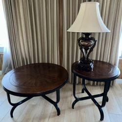 Large Round Coffee Table + End Table & Lamp
