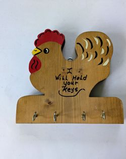 Key Holder Handmade Wall Decor Hen Rooster Four Brass Hooks