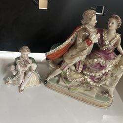 Lot Of Vintage Bone China Lace Victorian Couple Courting Hand Painted