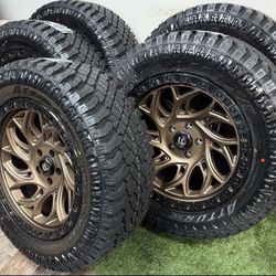 Total of 5 20x9 bronze fuel wheels wrapped in atturo xt 33x12.50R20 tires