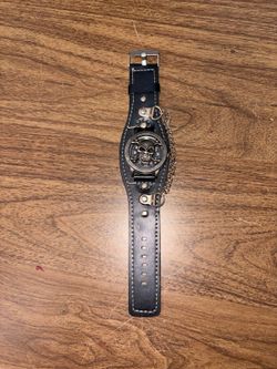 Steampunk Skull Cover Quartz Watch Black Leather Wristband Chain Gothic Punk