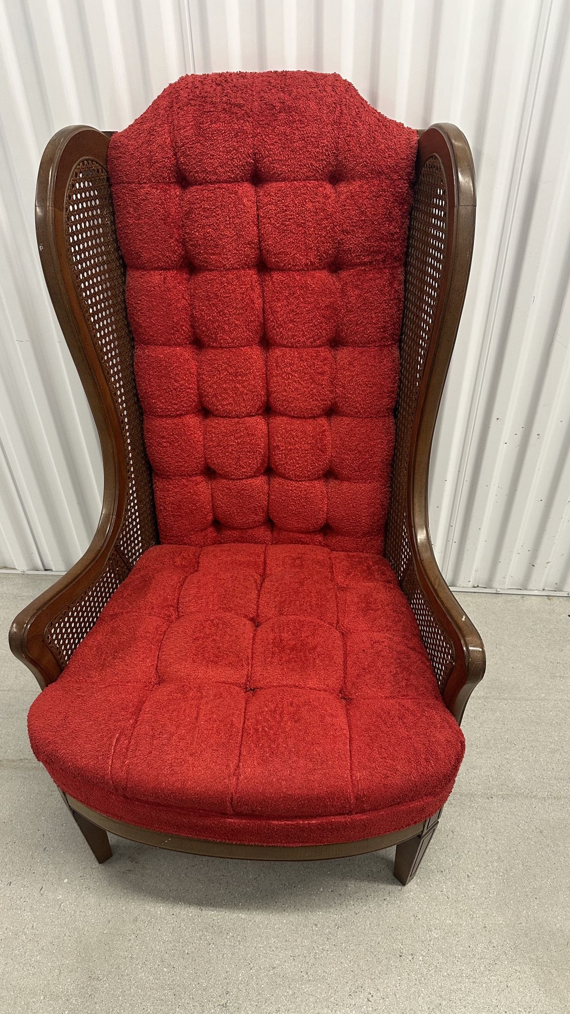Vintage Red Dandy Velour Velvet High-back Chair With Caning Side Panels
