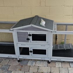 Rabbit Hutch Bunny Cage Indoor & Outdoor Rabbit Cage on Wheels, Large Guinea Pig Cage with 4 Deep No Leakage Pull Out Trays - 93.7"


