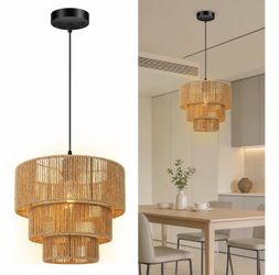 3-Tier Boho Rattan Chandelier 12.6'' Farmhouse Pendant Light Fixture -BoostArea