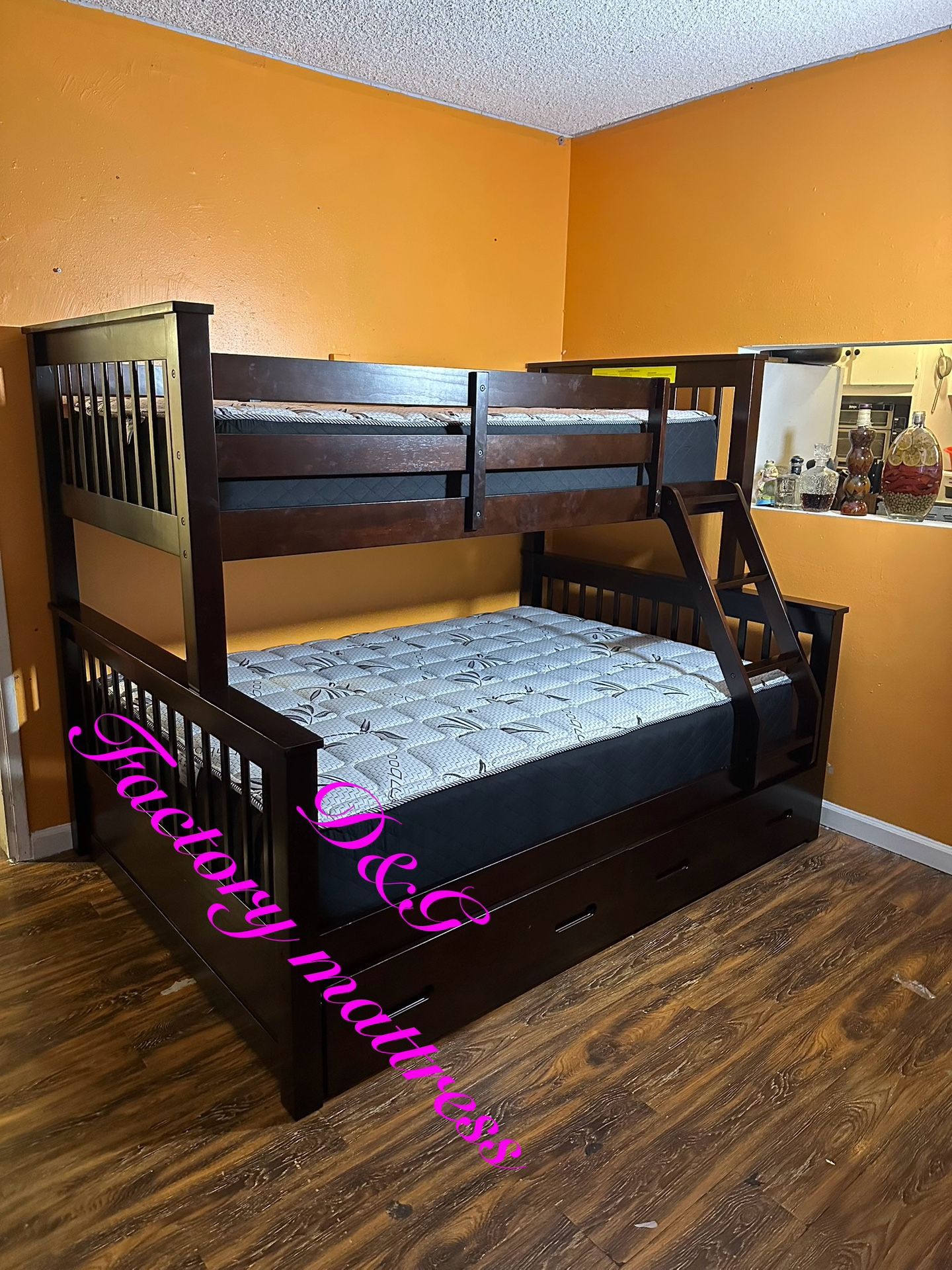 Twin / Full Bunk Bed Espresso With Drawers 81"W x 58"D x 65"H Matte Included Litera Full Twin Con Cajones. Color Cafe Expresso Colchones Incluido