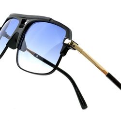 Aviator Sunglasses Blue Lens Gold Accent Square UV400 Sun Protection Trendy Shades Fashion