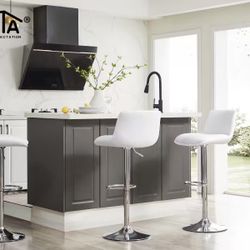 Set of 2 Bar Stools, Adjustable Height Modern Upholstered Swivel Stool with Back for Bar